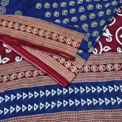 Indian Vintage Sari Maroon & Blue Printed Sarees Pure Cotton Craft Fabric Soft 5Yd Sewing Sarong Wrap Boho Floral Dress making Quilting