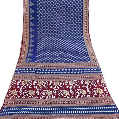 Indian Vintage Sari Maroon & Blue Printed Sarees Pure Cotton Craft Fabric Soft 5Yd Sewing Sarong Wrap Boho Floral Dress making Quilting