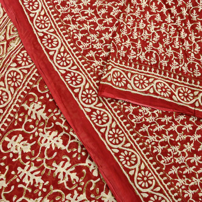 Indian Vintage Red Saree Block Printed Pure Cotton Sari Craft Fabric Soft 5Yd Sewing Sarong Wrap Boho Quilting Crafting Upcycle Dress making