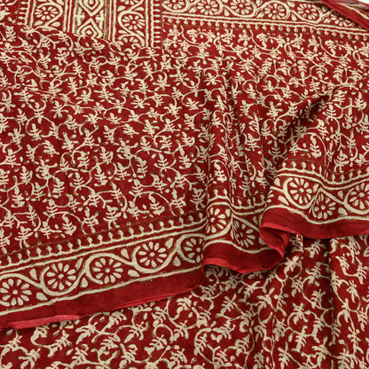 Indian Vintage Red Saree Block Printed Pure Cotton Sari Craft Fabric Soft 5Yd Sewing Sarong Wrap Boho Quilting Crafting Upcycle Dress making