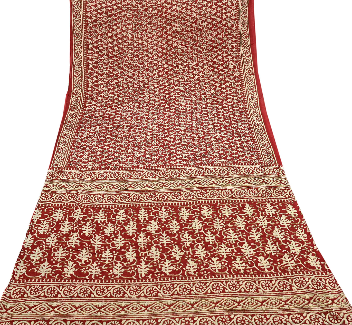 Indian Vintage Red Saree Block Printed Pure Cotton Sari Craft Fabric Soft 5Yd Sewing Sarong Wrap Boho Quilting Crafting Upcycle Dress making