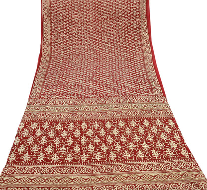 Indian Vintage Red Saree Block Printed Pure Cotton Sari Craft Fabric Soft 5Yd Sewing Sarong Wrap Boho Quilting Crafting Upcycle Dress making