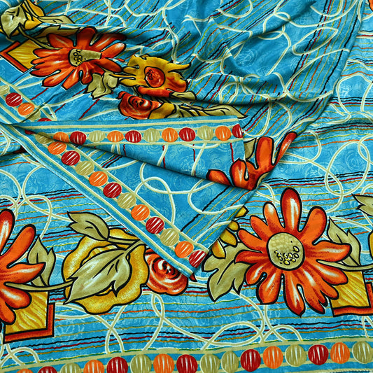 Indian Vintage Blue Saree Moss Crepe Printed Sari 5yd Sewing Floral Soft Craft Fabric Dressmaking For Crafting Quilting Upcycle Boho