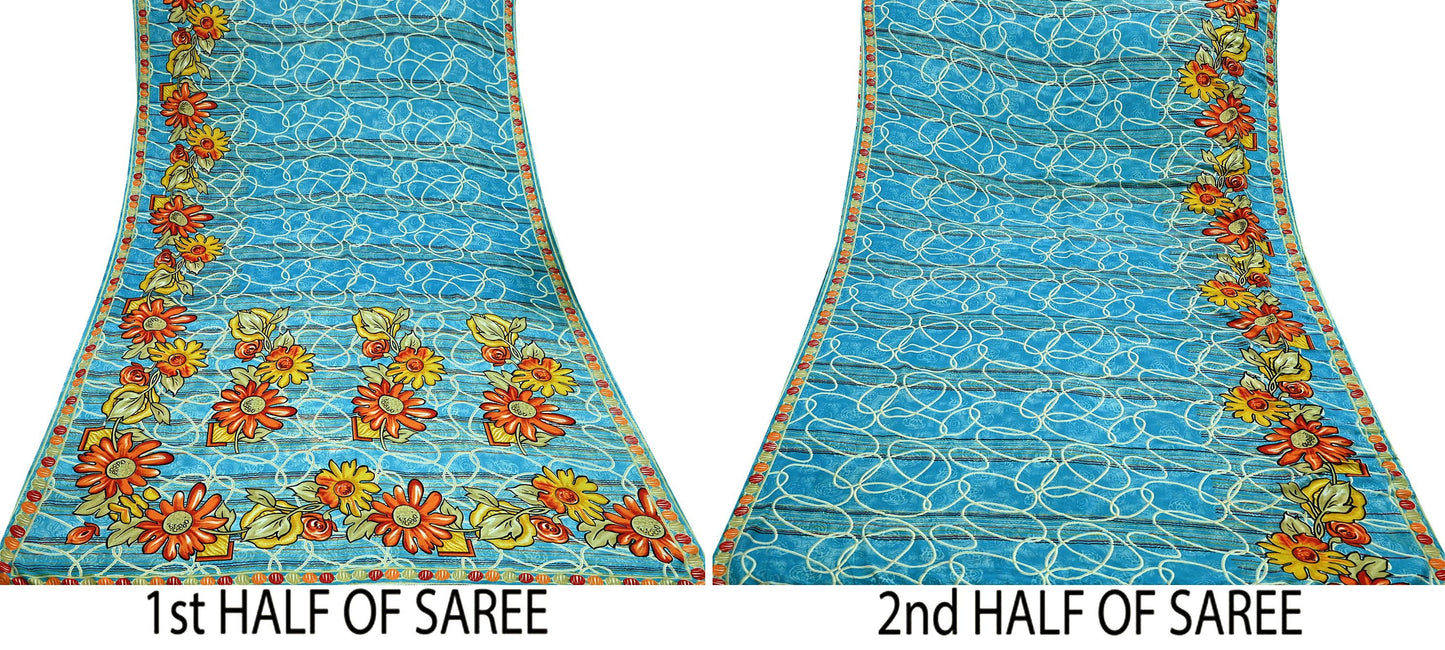 Indian Vintage Blue Saree Moss Crepe Printed Sari 5yd Sewing Floral Soft Craft Fabric Dressmaking For Crafting Quilting Upcycle Boho