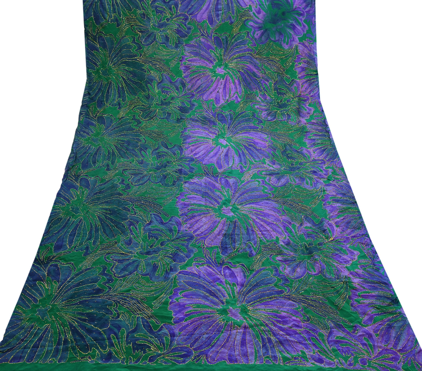 Indian Vintage Sari Green & Purple Pure Crepe Silk Hand Embroidered Saree 5yd Sewing Floral Craft Fabric Dress making For Crafting Upcycle