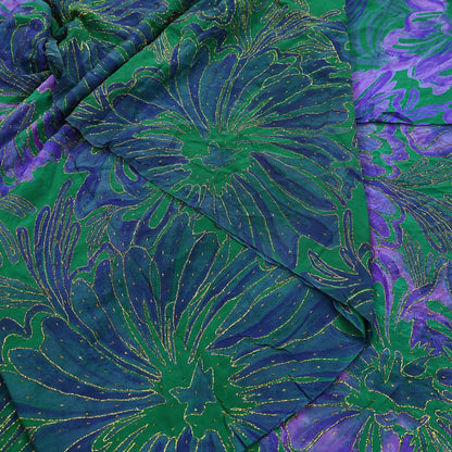 Indian Vintage Sari Green & Purple Pure Crepe Silk Hand Embroidered Saree 5yd Sewing Floral Craft Fabric Dress making For Crafting Upcycle