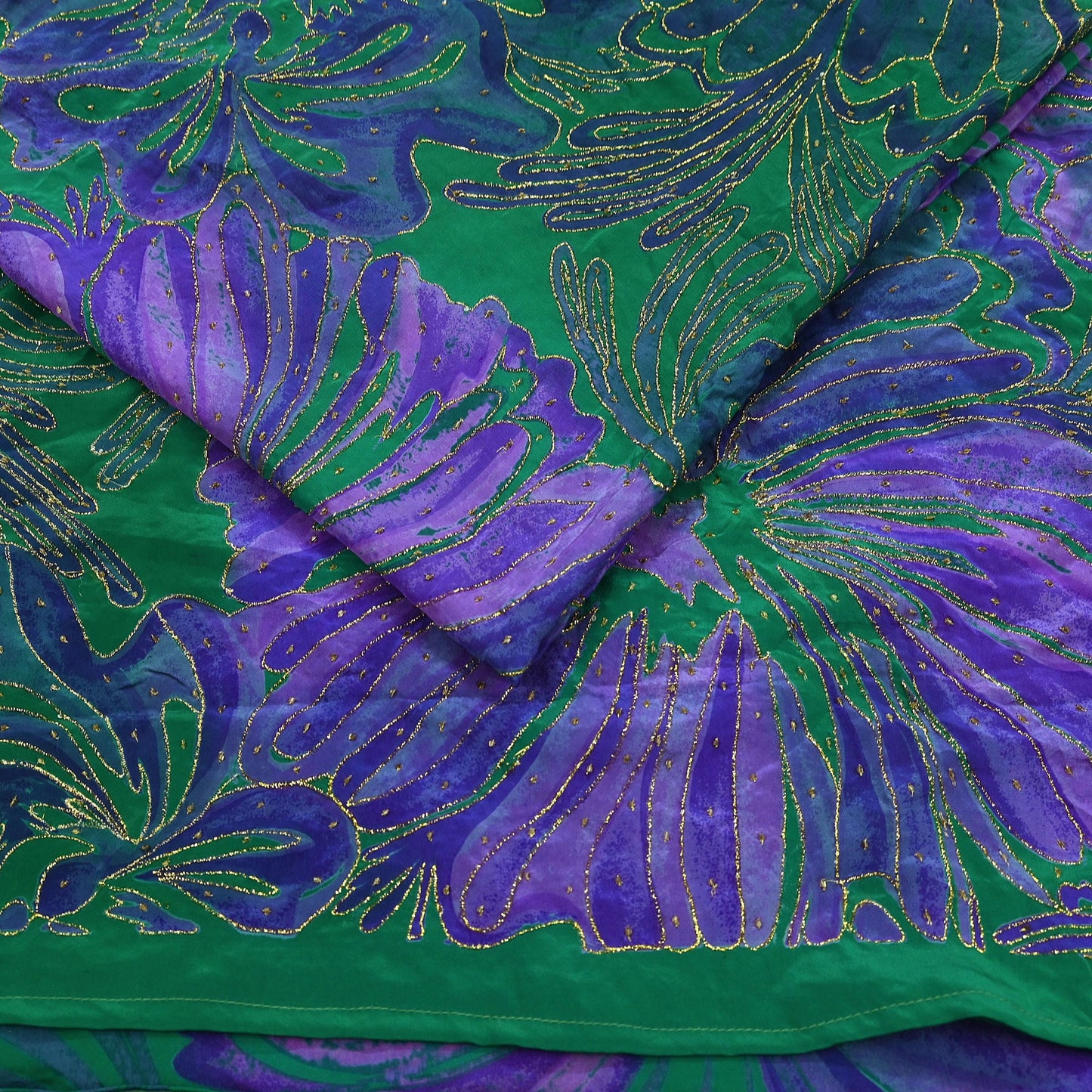 Indian Vintage Sari Green & Purple Pure Crepe Silk Hand Embroidered Saree 5yd Sewing Floral Craft Fabric Dress making For Crafting Upcycle