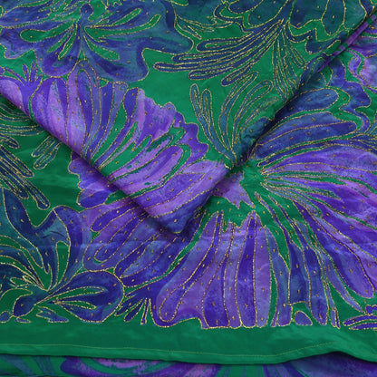 Indian Vintage Sari Green & Purple Pure Crepe Silk Hand Embroidered Saree 5yd Sewing Floral Craft Fabric Dress making For Crafting Upcycle