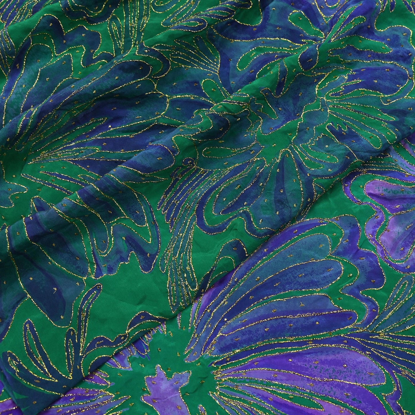 Indian Vintage Sari Green & Purple Pure Crepe Silk Hand Embroidered Saree 5yd Sewing Floral Craft Fabric Dress making For Crafting Upcycle