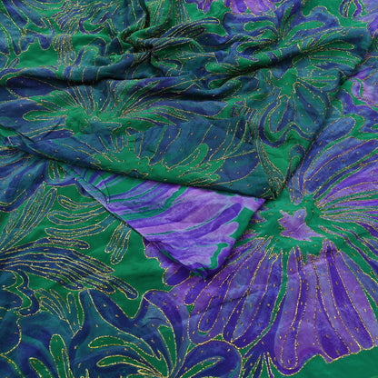 Indian Vintage Sari Green & Purple Pure Crepe Silk Hand Embroidered Saree 5yd Sewing Floral Craft Fabric Dress making For Crafting Upcycle