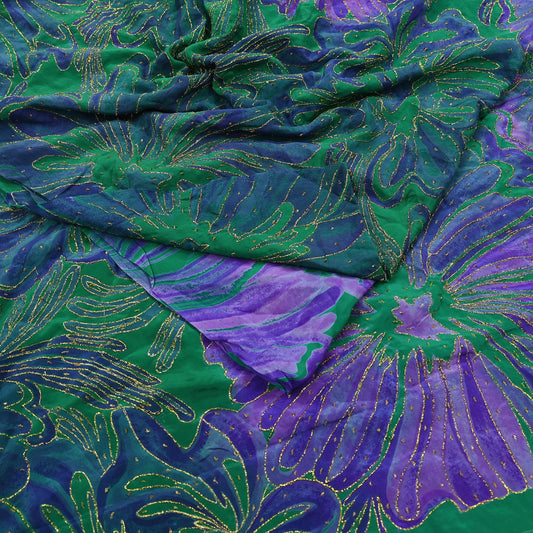 Indian Vintage Sari Green & Purple Pure Crepe Silk Hand Embroidered Saree 5yd Sewing Floral Craft Fabric Dress making For Crafting Upcycle