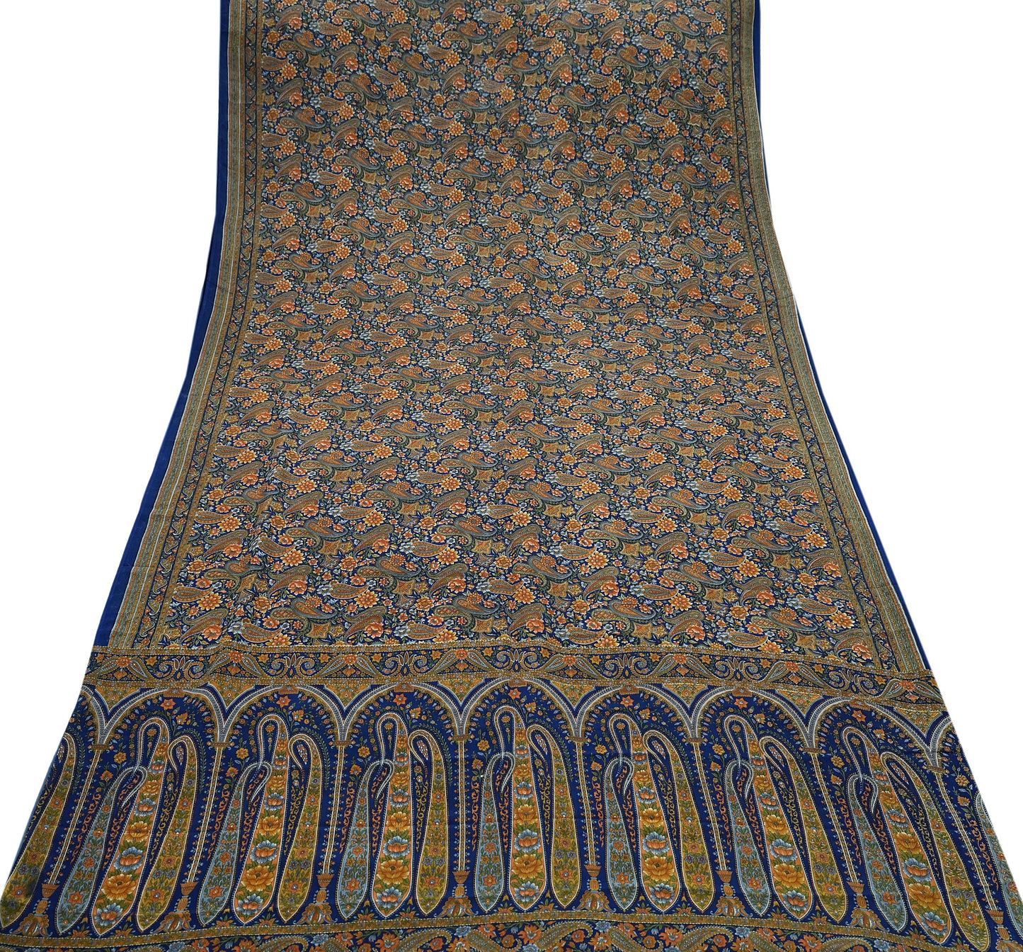 Indian Vintage Blue Saree Pure Crepe Silk Printed Sari Craft Fabric 5yd Sewing Paisley Soft Craft Fabric Wrap Dress making Quilting Upcycle