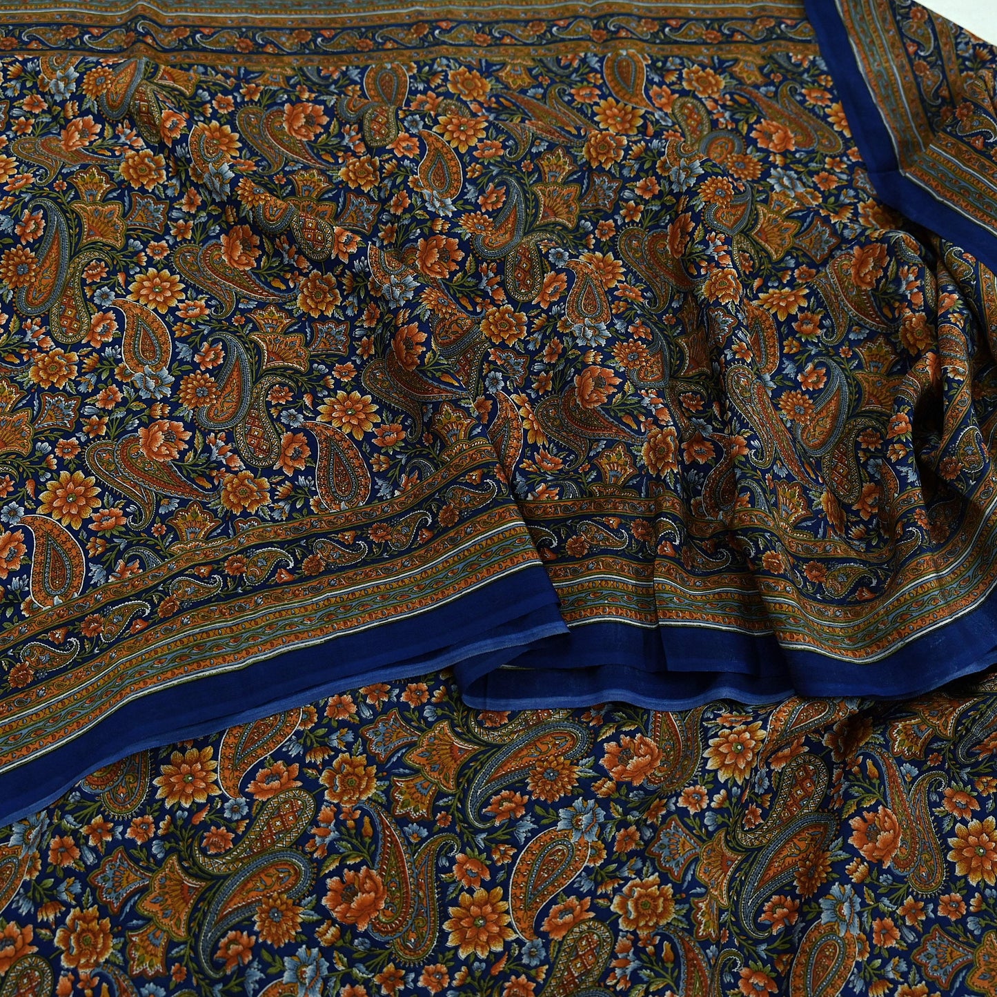 Indian Vintage Blue Saree Pure Crepe Silk Printed Sari Craft Fabric 5yd Sewing Paisley Soft Craft Fabric Wrap Dress making Quilting Upcycle