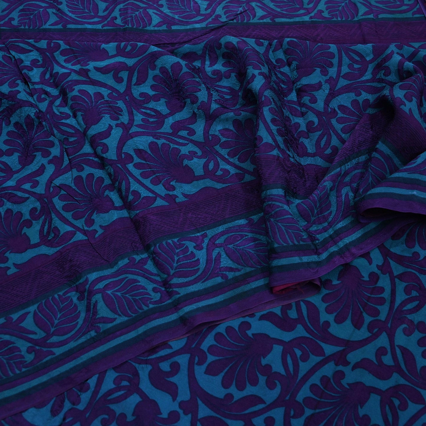 Indian Vintage Blue & Purple Saree Pure Crepe Silk Printed Sari 6yd Sewing Soft Craft Fabric Wrap Dress making Crafting Quilting Upcycle