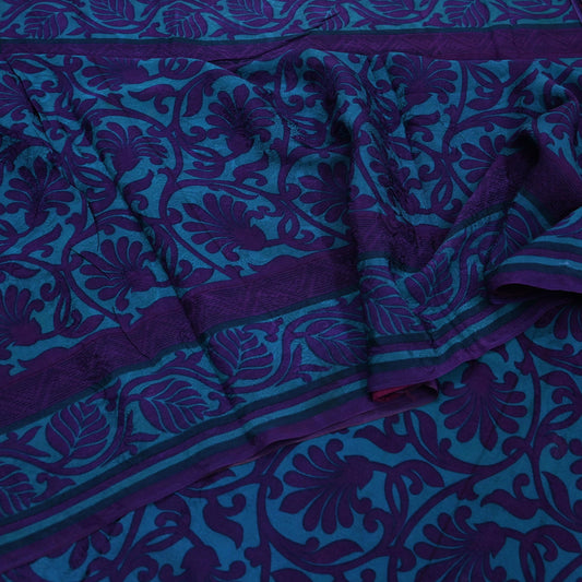 Indian Vintage Blue & Purple Saree Pure Crepe Silk Printed Sari 6yd Sewing Soft Craft Fabric Wrap Dress making Crafting Quilting Upcycle