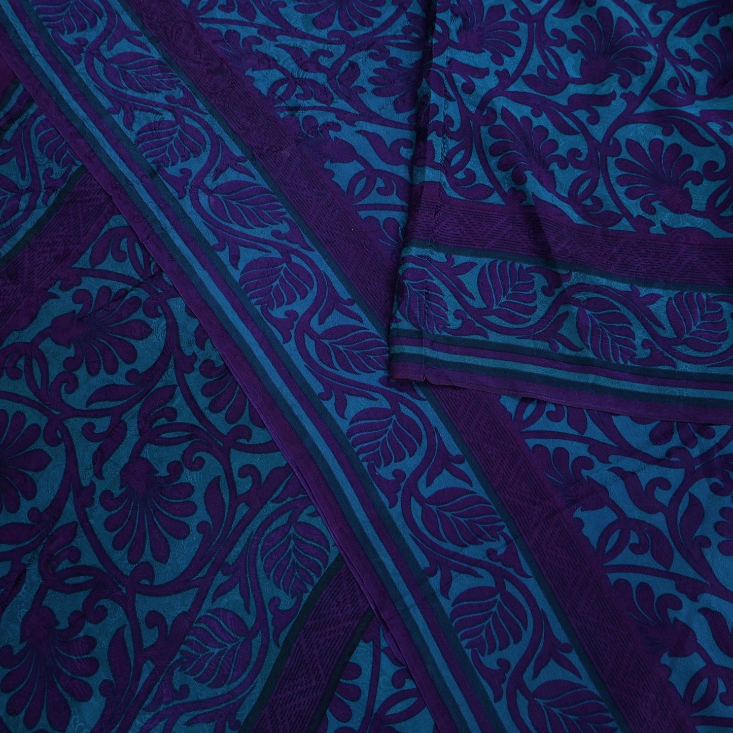 Indian Vintage Blue & Purple Saree Pure Crepe Silk Printed Sari 6yd Sewing Soft Craft Fabric Wrap Dress making Crafting Quilting Upcycle