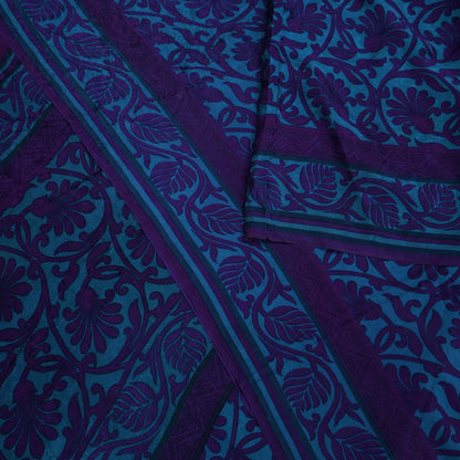 Indian Vintage Blue & Purple Saree Pure Crepe Silk Printed Sari 6yd Sewing Soft Craft Fabric Wrap Dress making Crafting Quilting Upcycle