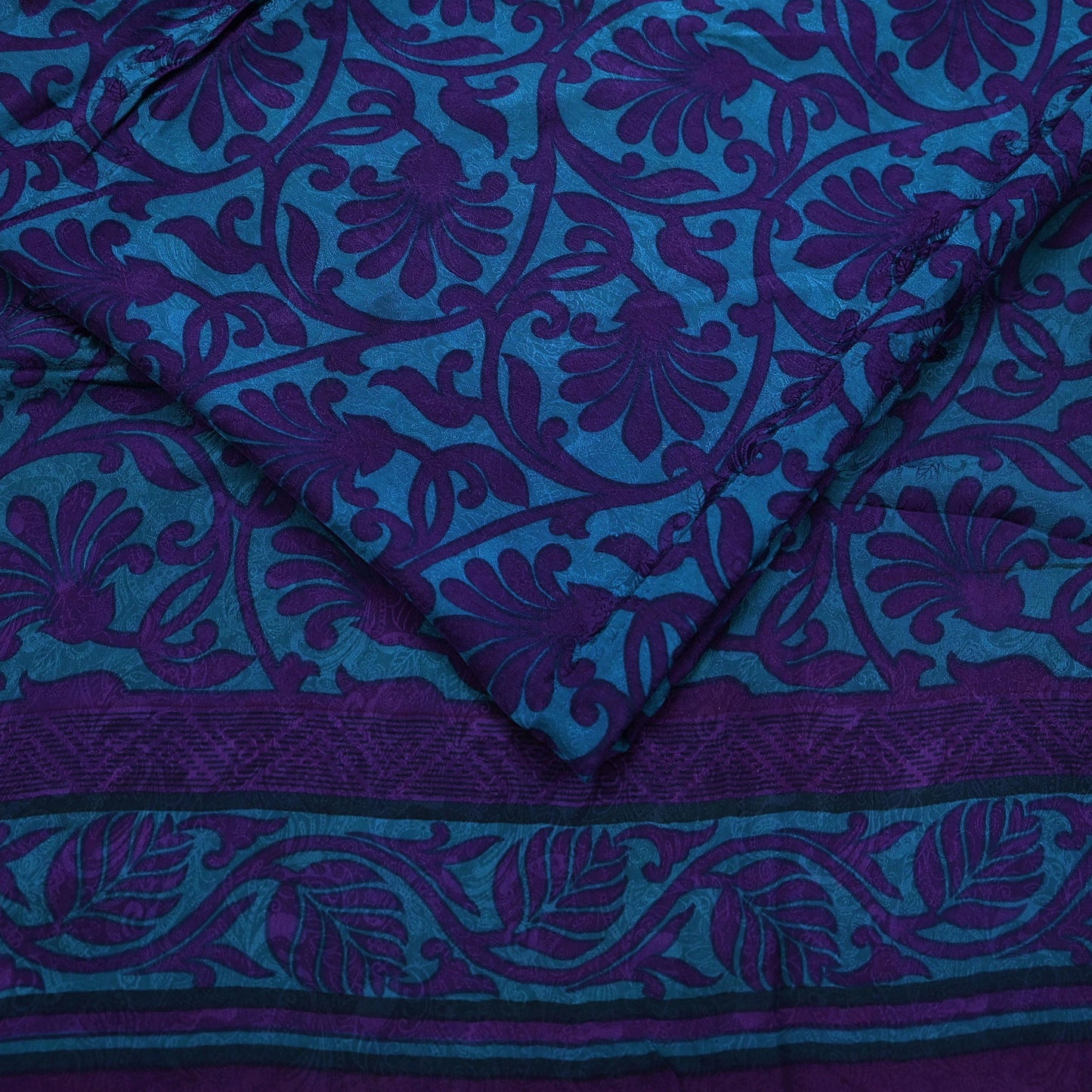 Indian Vintage Blue & Purple Saree Pure Crepe Silk Printed Sari 6yd Sewing Soft Craft Fabric Wrap Dress making Crafting Quilting Upcycle