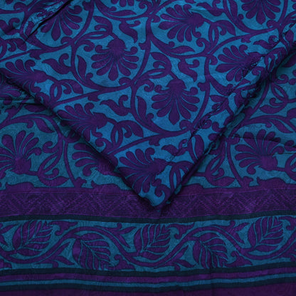 Indian Vintage Blue & Purple Saree Pure Crepe Silk Printed Sari 6yd Sewing Soft Craft Fabric Wrap Dress making Crafting Quilting Upcycle