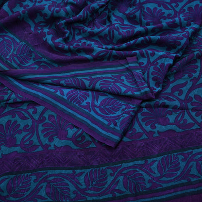 Indian Vintage Blue & Purple Saree Pure Crepe Silk Printed Sari 6yd Sewing Soft Craft Fabric Wrap Dress making Crafting Quilting Upcycle