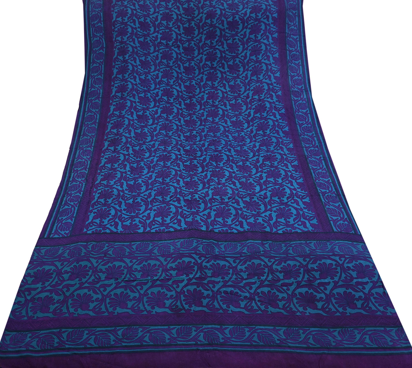 Indian Vintage Blue & Purple Saree Pure Crepe Silk Printed Sari 6yd Sewing Soft Craft Fabric Wrap Dress making Crafting Quilting Upcycle