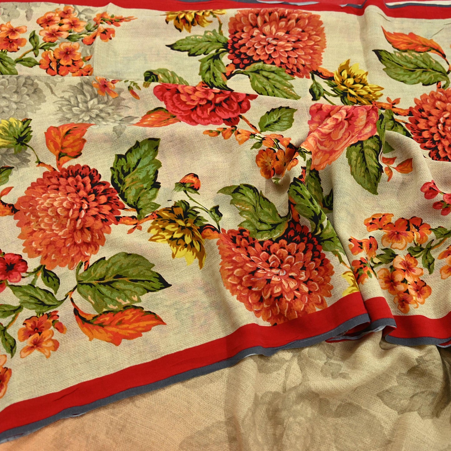 Women Vintage Sari Beige Pure Georgette Silk Digital Printed Saree Craft Fabric Sewing 5Yd Dress Making Geometric Crafting Quilting
