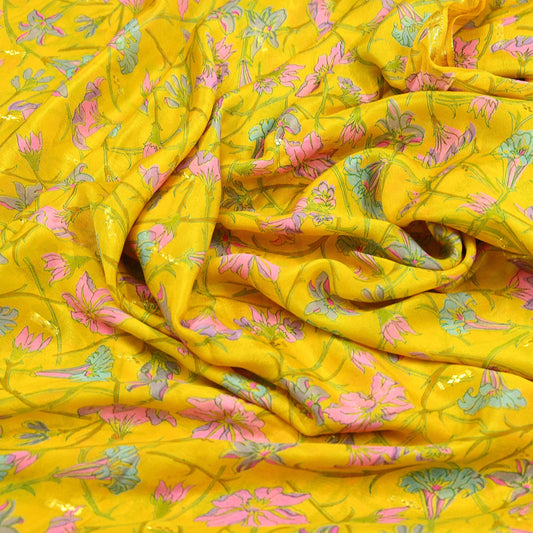 Indian Vintage Sari Yellow Pure Silk Printed Saree 5yd Sewing Craft Fabric DressMaking Soft For Crafting Quilting Upcycle Dress Designing