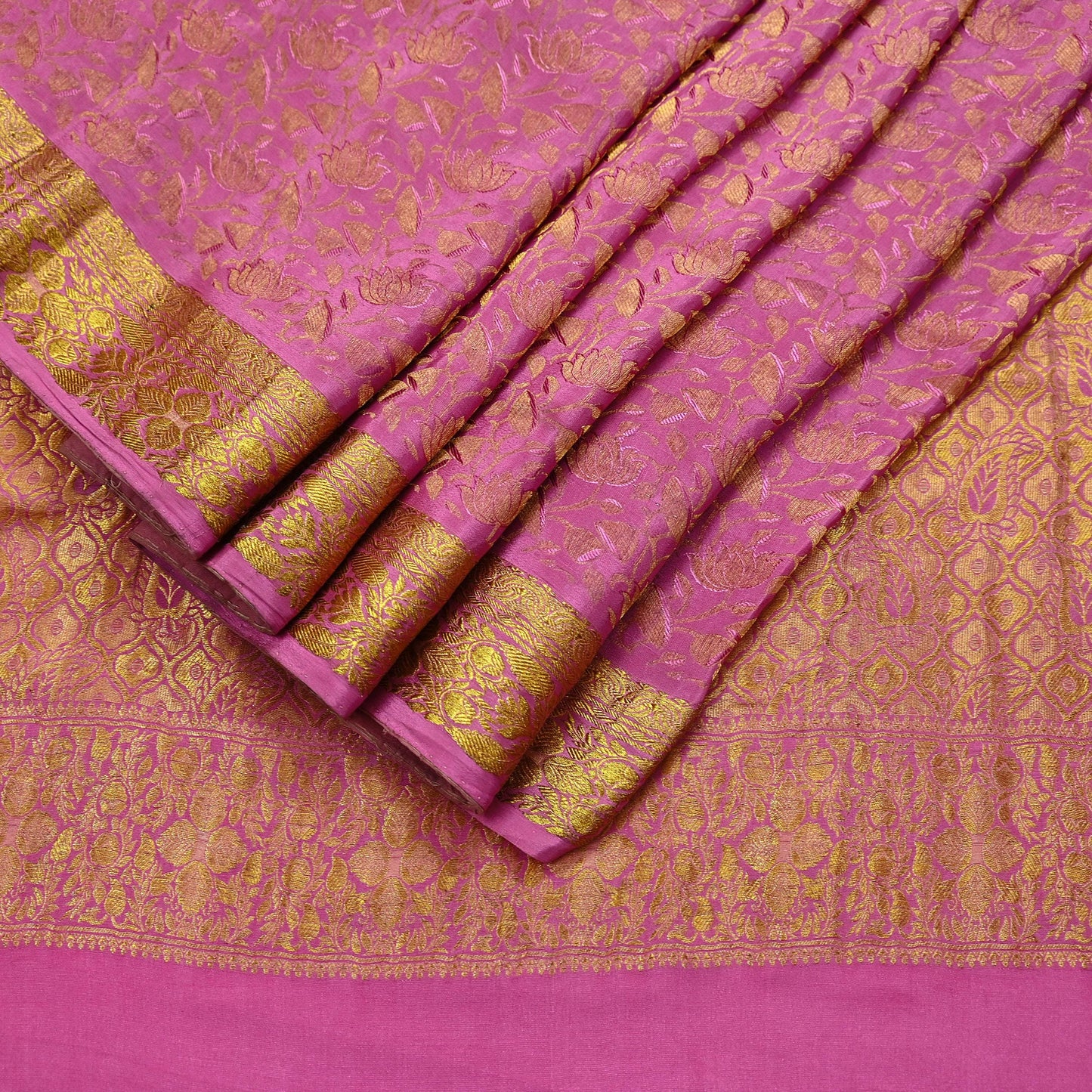 Indian Vintage Pink Heavy Saree Pure Silk saree Banarasi Brocade Sari Craft Fabric Golden Zari 6Yd Floral Design Dress making Crafting