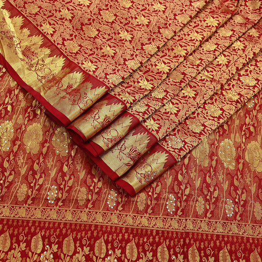 Indian Vintage Heavy Red Saree 100% Pure Silk Hand Woven Kanjeevaram Sari 5yd Ethnic Zari Premium Wedding Saree Dress making