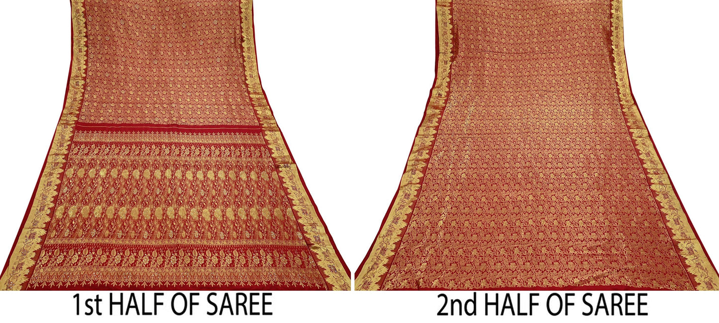 Indian Vintage Heavy Red Saree 100% Pure Silk Hand Woven Kanjeevaram Sari 5yd Ethnic Zari Premium Wedding Saree Dress making