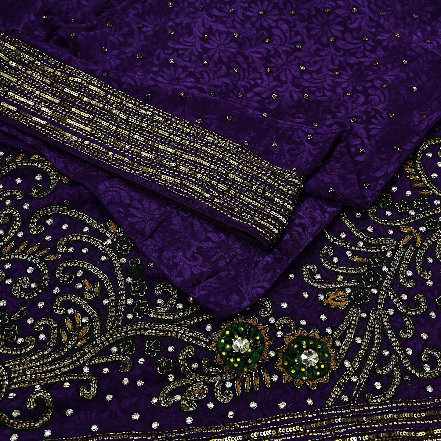 Indian Vintage Heavy Sari Purple Pure Crepe Silk Hand Embroidered Sarees Craft Fabric 6Yd Sewing Zardozi Dress making With Blouse Pcs