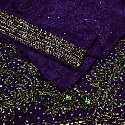 Indian Vintage Heavy Sari Purple Pure Crepe Silk Hand Embroidered Sarees Craft Fabric 6Yd Sewing Zardozi Dress making With Blouse Pcs
