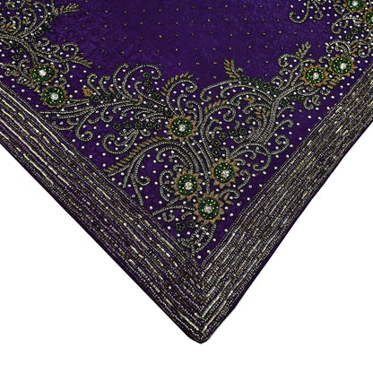 Indian Vintage Heavy Sari Purple Pure Crepe Silk Hand Embroidered Sarees Craft Fabric 6Yd Sewing Zardozi Dress making With Blouse Pcs