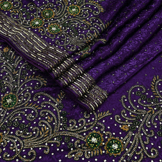 Indian Vintage Heavy Sari Purple Pure Crepe Silk Hand Embroidered Sarees Craft Fabric 6Yd Sewing Zardozi Dress making With Blouse Pcs