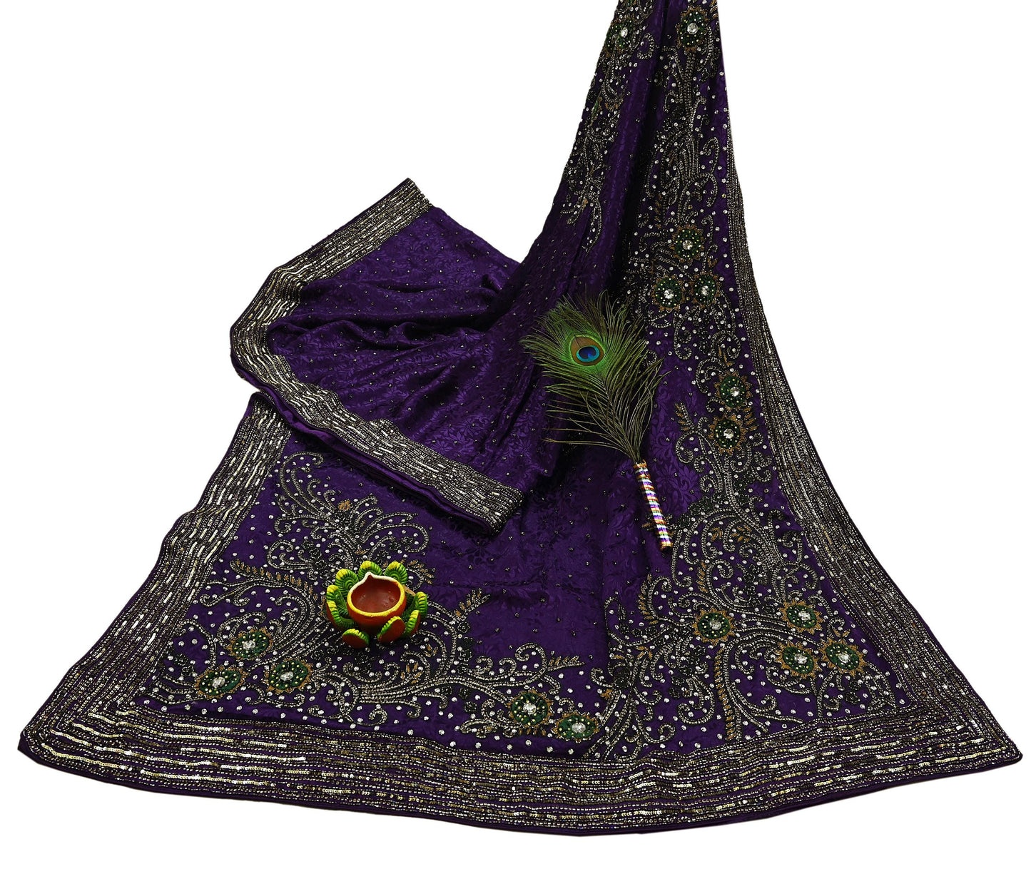 Indian Vintage Heavy Sari Purple Pure Crepe Silk Hand Embroidered Sarees Craft Fabric 6Yd Sewing Zardozi Dress making With Blouse Pcs