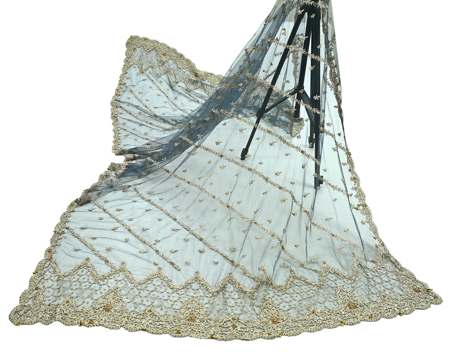 Indian Vintage Gray Dupatta Net Mesh Long Stole Hand Embroidered Scarves Golden Zardozi Zari Hijab Veil wrap Boho