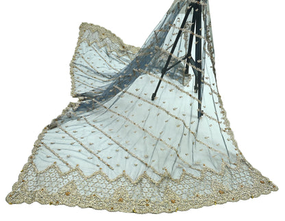 Indian Vintage Gray Dupatta Net Mesh Long Stole Hand Embroidered Scarves Golden Zardozi Zari Hijab Veil wrap Boho