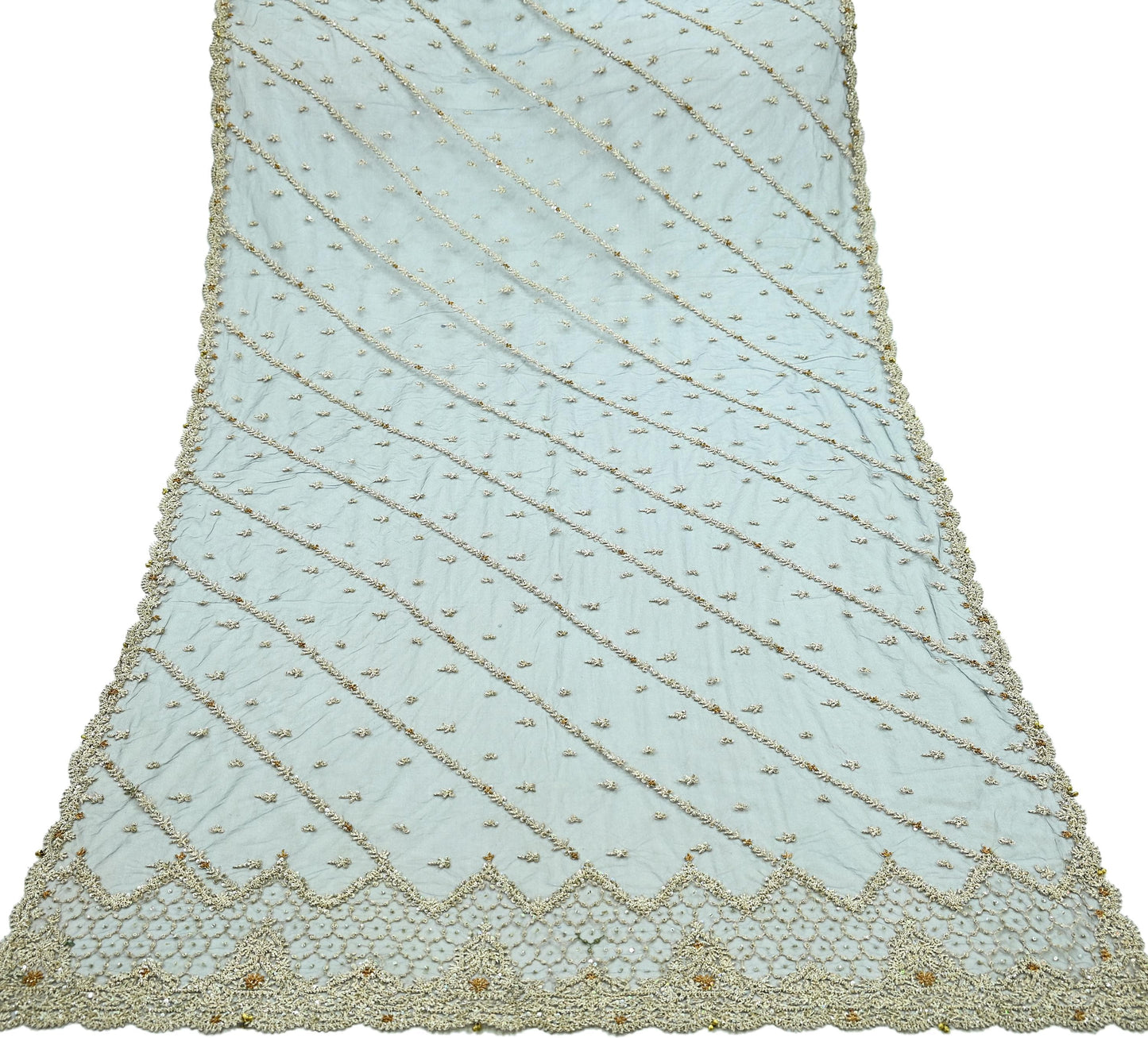 Indian Vintage Gray Dupatta Net Mesh Long Stole Hand Embroidered Scarves Golden Zardozi Zari Hijab Veil wrap Boho