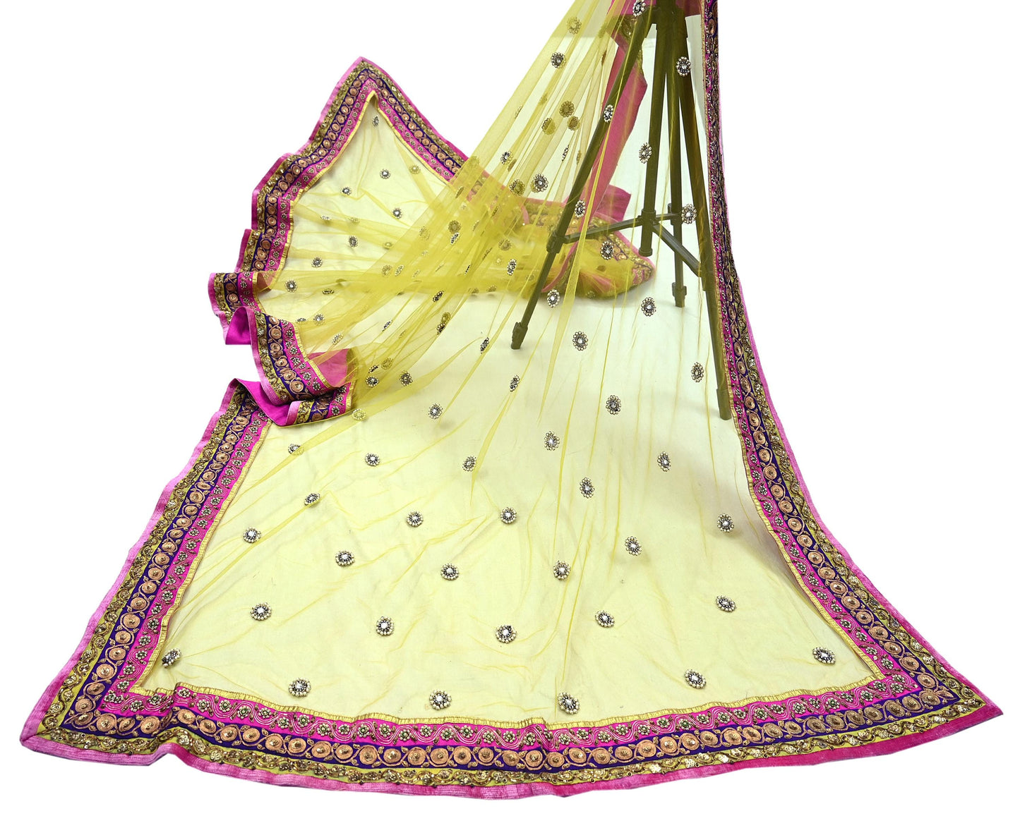 Indian Vintage Heavy Party Green Dupatta Net Mesh Long Stole Hand Embroidered Scarves Golden Zardozi Dabka Zari Bridal Veil Hijab