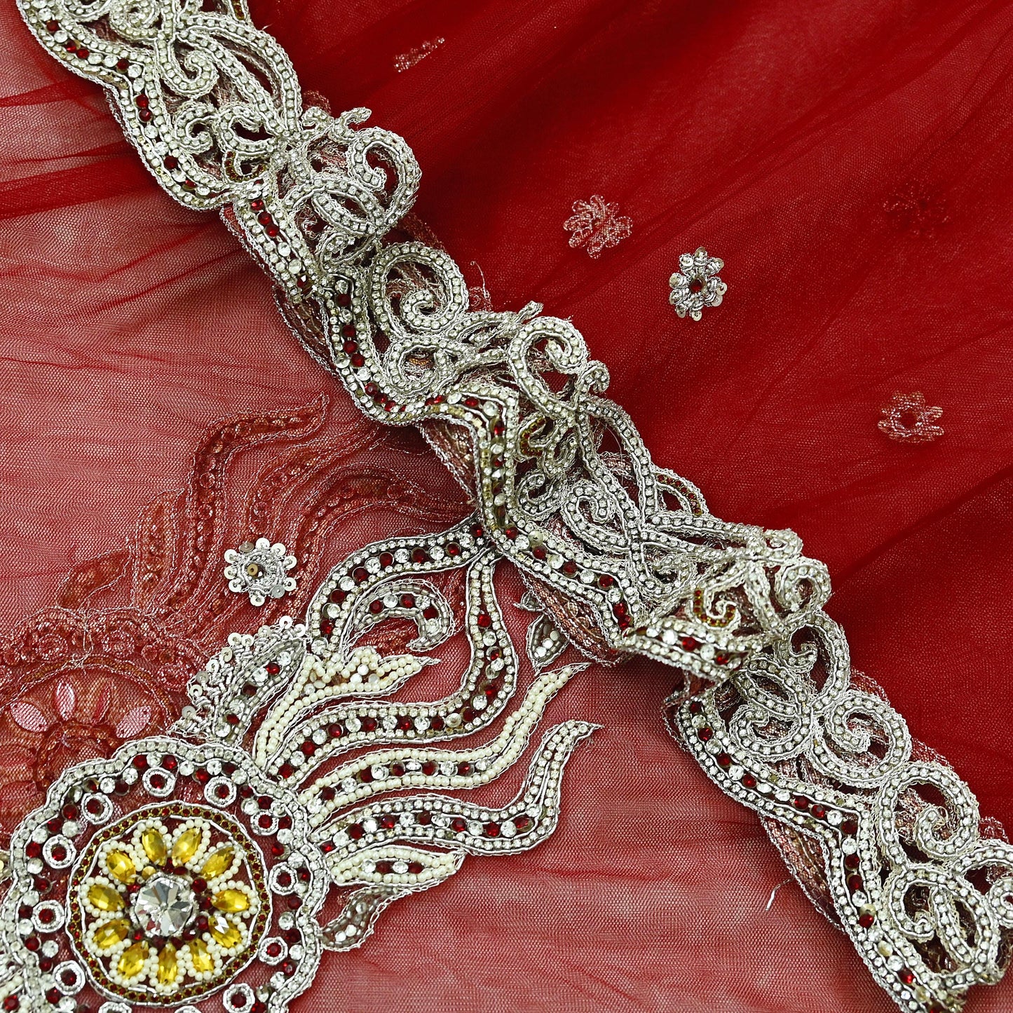 Indian Vintage Heavy Bridal Red Dupatta Net Mesh Long Stole Hand Embroidered Scarves Zardozi Dabka Zari Wedding dupatta veil hijab