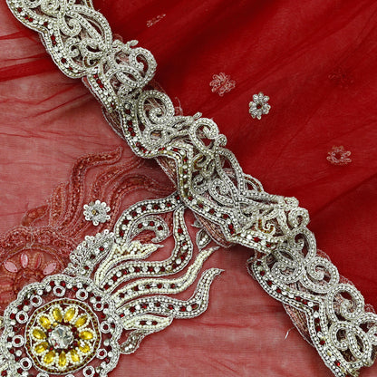 Indian Vintage Heavy Bridal Red Dupatta Net Mesh Long Stole Hand Embroidered Scarves Zardozi Dabka Zari Wedding dupatta veil hijab