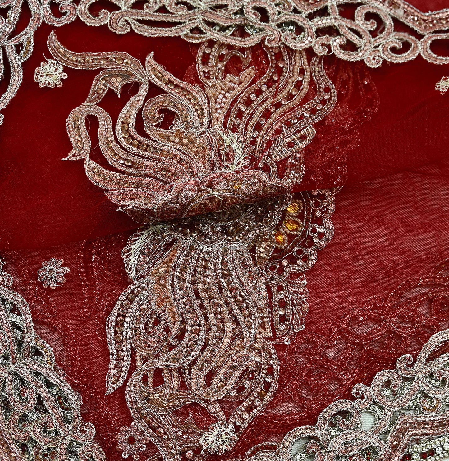 Indian Vintage Heavy Bridal Red Dupatta Net Mesh Long Stole Hand Embroidered Scarves Zardozi Dabka Zari Wedding dupatta veil hijab