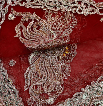 Indian Vintage Heavy Bridal Red Dupatta Net Mesh Long Stole Hand Embroidered Scarves Zardozi Dabka Zari Wedding dupatta veil hijab