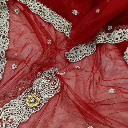 Indian Vintage Heavy Bridal Red Dupatta Net Mesh Long Stole Hand Embroidered Scarves Zardozi Dabka Zari Wedding dupatta veil hijab