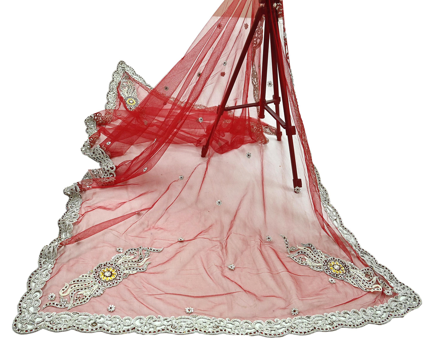 Indian Vintage Heavy Bridal Red Dupatta Net Mesh Long Stole Hand Embroidered Scarves Zardozi Dabka Zari Wedding dupatta veil hijab