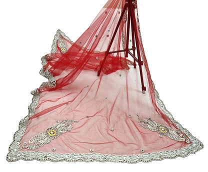 Indian Vintage Heavy Bridal Red Dupatta Net Mesh Long Stole Hand Embroidered Scarves Zardozi Dabka Zari Wedding dupatta veil hijab