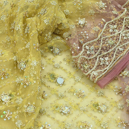 Indian Vintage Heavy Pink & Yellow Dupatta Net Mesh Long Stole Hand Embroidered Scarves Golden Zardozi Dabka Zari Sequins