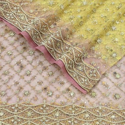 Indian Vintage Heavy Pink & Yellow Dupatta Net Mesh Long Stole Hand Embroidered Scarves Golden Zardozi Dabka Zari Sequins