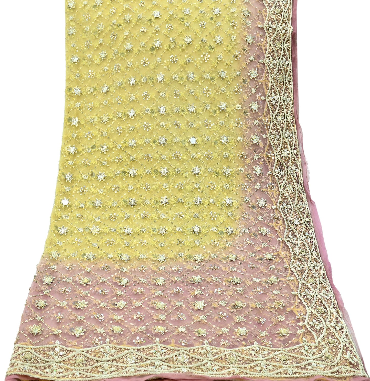 Indian Vintage Heavy Pink & Yellow Dupatta Net Mesh Long Stole Hand Embroidered Scarves Golden Zardozi Dabka Zari Sequins