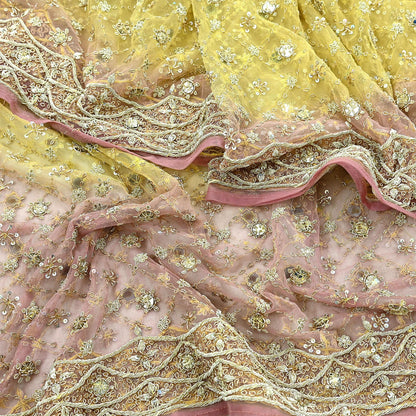 Indian Vintage Heavy Pink & Yellow Dupatta Net Mesh Long Stole Hand Embroidered Scarves Golden Zardozi Dabka Zari Sequins